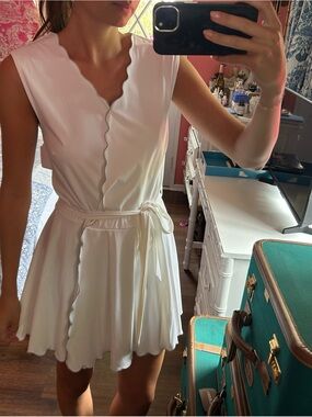 Scallop-Trim White Mini Wrap Dress with Self-Tie Waist